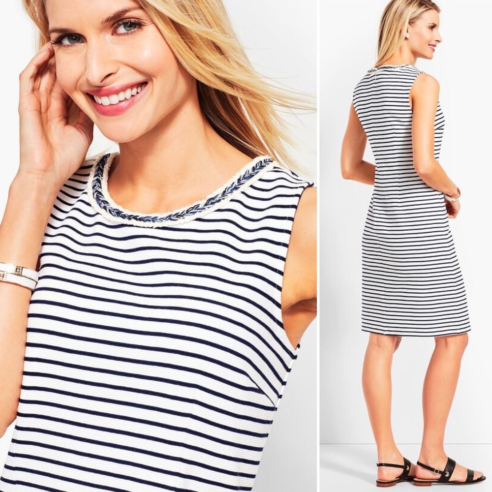Talbots Petite Striped Sleeveless Ottoman Shift Dress Navy White Braided Neck 6P